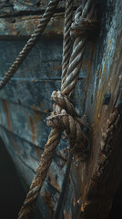 Vintage Wooden Boat with Old Frayed Rope in Early Morning Light  