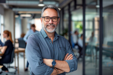 Obraz premium A confident middle-aged businessman with glasses and a beard, standing with arms crossed and smiling in a modern office environment
