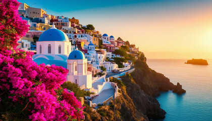 A stunning coastal village with pristine whitewashed buildings and blue-domed churches, perched on cliffs overlooking a crystal-clear turquoise sea.