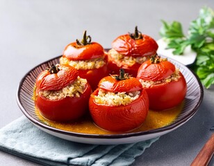 Turkish traditional food stuffed tomatoes with olive oil stuffed with rice