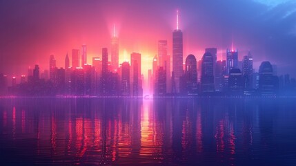 Fototapeta premium Buildings are reflected in the water of a city at night