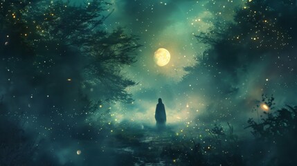 Mystical Moonlit Forest Walk with Enigmatic Figure