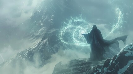 Mystical Sorcerer Casting Spells in Mountainous Terrain