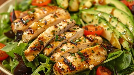 "Delicious fresh salad with grilled chicken and creamy avocado, ideal for healthy eating blogs and food photography"
