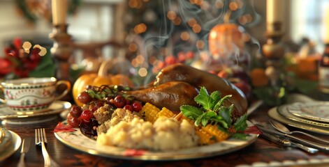 Bountiful Thanksgiving Feast Delicious Turkey Cranberry Sauce and Pumpkin Pie on Festive Dinner Plate Traditional Holiday Meal Concept