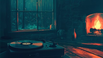 Cozy Winter Evening with Vintage Record Player by the Fireplace
