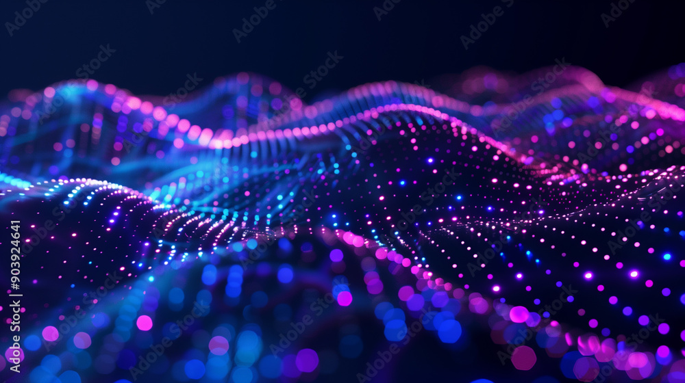 Poster futuristic dots on dark background. colored music wave, big data code. tech or science banner. 3d re