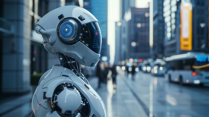 Fototapeta premium Futuristic Robot in Urban Landscape - AI Technology Among Us