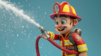 "Cartoon firefighter in full uniform spraying a hose, ideal for children's books and fire safety awareness designs"
