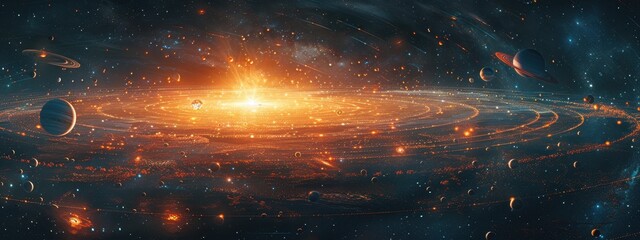 Fototapeta premium Planetary System: A vibrant illustration of a solar system with a central star, planets with diverse characteristics (gas giants, rocky worlds), and moons orbiting them.
