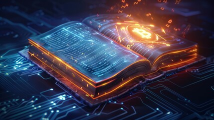 A 3D ledger book glowing with digital entries, illustrating the concept of blockchain and cryptocurrency accounting.