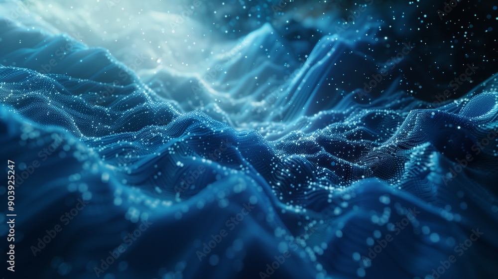 Poster futuristic flight through digital line landscape with blue dust particles. abstract background. 3d r