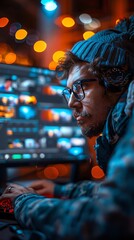 Obraz premium Digital marketer editing video on glassless 3D computer, 8K resolution, detailed interface, realistic lighting, highdefinition, vibrant colors, professional workspace