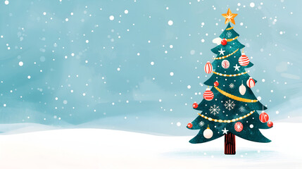 Merry Christmas and Happy New Year Holiday Greeting Card with Cartoon Christmas Tree, Drawn Decorated Christmas Tree on Snowy Backgorund.