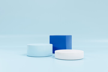 3 step cube blue podium on blue background, minimal concept,  showcase for product. 3D render