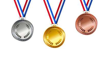 Gold, silver, bronze realistic sport award medals with tricolor ribbon set isolated on white background