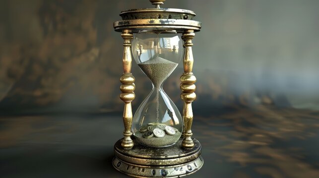 A 3D model of a classic hourglass with coins instead of sand, depicting time as a critical element in financial growth and savings.