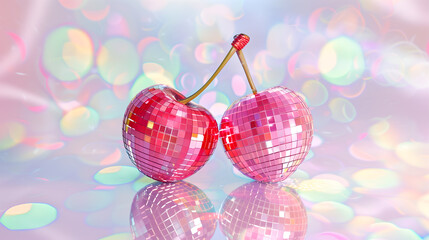 Two Disco Ball Cherries on Pink Backdrop, Fun and Nostalgic Vintage 90s Theme Background, Y2K Nostalgia.