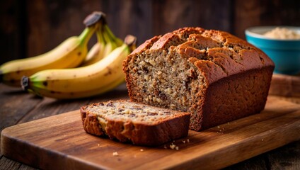homemade banana bread on wooden table
