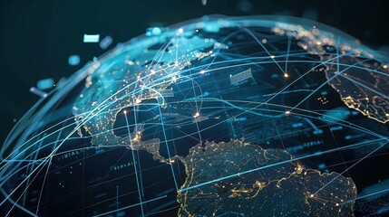 A 3D model of a globe with lines connecting major cities with flying digital data packets, illustrating global connectivity and economic interdependence.