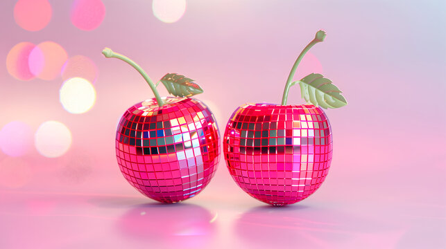 Two Disco Ball Cherries on Pink Backdrop, Fun and Nostalgic Vintage 90s Theme Background.
