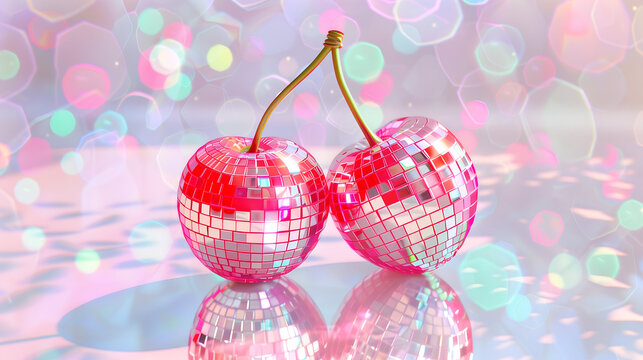 Two Disco Ball Cherries on Pink Backdrop, Fun and Nostalgic Vintage 90s Theme Background.