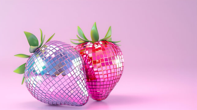 Two Disco Ball Strawberries on Pink Backdrop, Fun and Nostalgic Vintage 90s Theme Background.