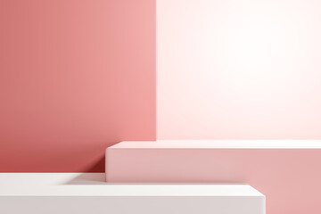 2 step white pink podium on pink background, minimal concept,  showcase for product. 3D render