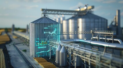 A 3D model of a grain silo with a digital overlay showing fluctuating market prices, representing agricultural economics.