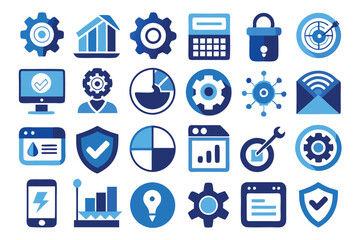 Icons designed to set or to setup come in blue and white.