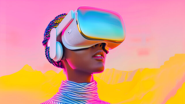 Woman Using VR Headset, Futuristic Virtual Reality Gaming Experience in Goggles in Fluorescent, Neon Colors in 90s Style, Modern Gamer.