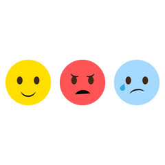 Happy, angry, sad. Three emoji faces. Colorful emotion icons. Vector illustration.