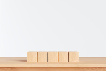 5 stack of Wooden blocks, wooden toys, on wood sheif, space for letters on white background, 3d render