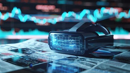 Immersive Investment Insights Virtual Reality Headset on Financial Newspaper with Digital Data Overlay
