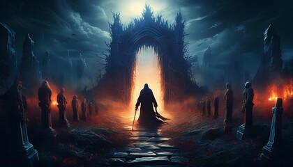 "The Infernal Passage: A Grim Reaper's Vigil in an Ancient Graveyard"