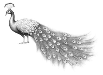 Fototapeta premium PNG Realistic pencil vintage drawing *Peacock* ,front view, pencil sketch texture, black & white color,minimal , isolated on white paper, isolated --s 0 --ar 3:2