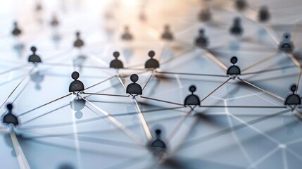 A network of interconnected dots and lines surrounding a team, illustrating collaboration and communication, system data deep learning, binary connection, people communication to information cloud