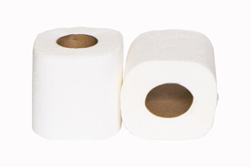 Toilet paper roll sanitary and household isolated on white background. Tissue is lightweight paper paper used all over world. Detail of two single clean white toilet paper roll.
