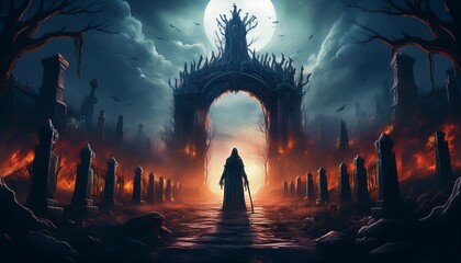 "The Infernal Passage: A Grim Reaper's Vigil in an Ancient Graveyard"