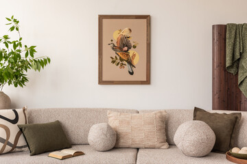 Cozy living room with a beige sofa adorned with textured and patterned pillows. A framed art piece...
