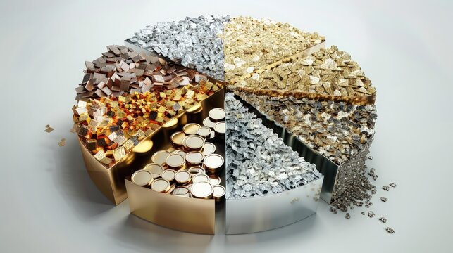 A 3D pie chart made of precious metals like gold, silver, and platinum, illustrating investment diversification in finance.