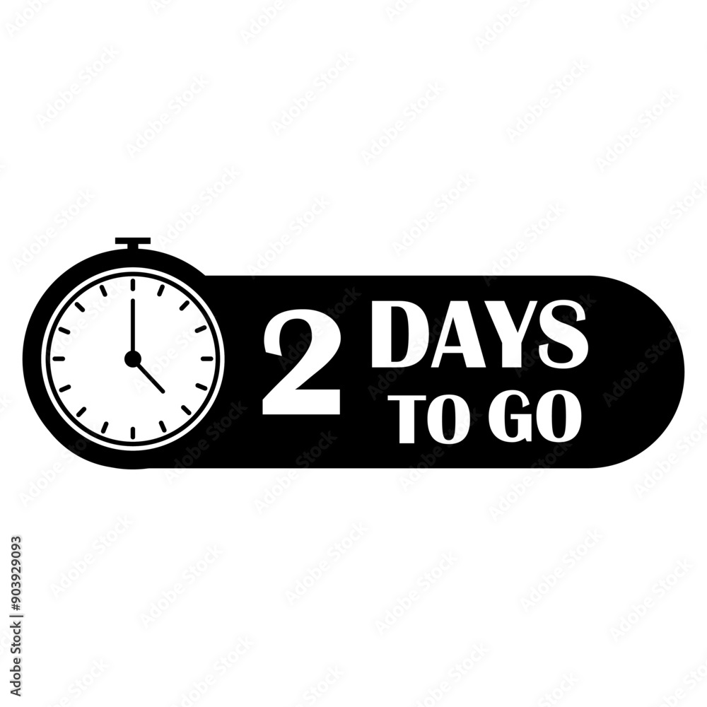 Poster countdown timer icon. two days to go. vector clock illustration. bold black and white.