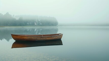 Fototapeta premium A peaceful scene of a serene lake where a small boat peacefully floats on the waters surface, Foggy morning on the lake with wooden boat ,Landscape ,A tranquil lake with a lone rowboat