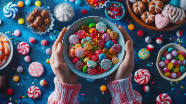 A photo of hands holding a bowl with colorful candies in a top view on a table full of sweets and decorations