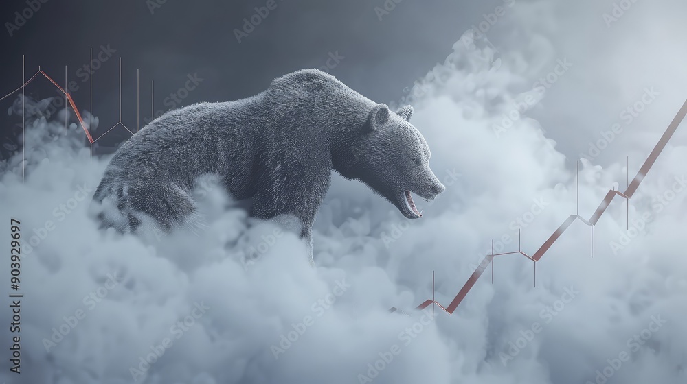 Poster a 3d rendering of a bear emerging from a dense fog over a chart plummeting downwards, representing a