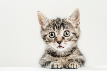 Close-up of a curious ginger kitten with large eyes, isolated on a white background. Adorable pet concept.