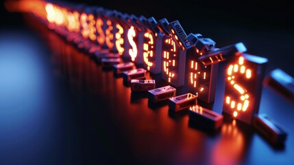 A 3D rendering of a chain of dominos with currency symbols collapsing, illustrating the domino effect in financial markets.