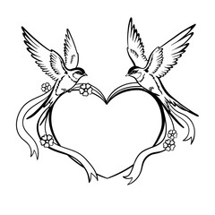 Frame Heart with Birds Swallows, wedding invitation, Wedding Frame Wreath. Floral rings Marriage outline