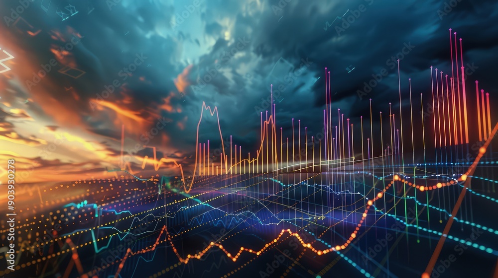 Poster a 3d rendering of a fluctuating stock market graph that dramatically dips and rises against a stormy