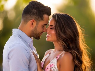 Couple sharing an intimate moment outdoors in sunset light